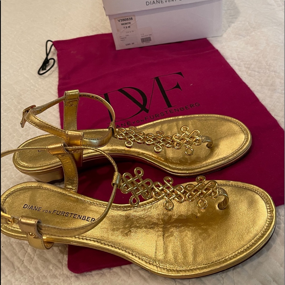 Diane von Furstenberg Gold Wedge Sandals, 71/2 M